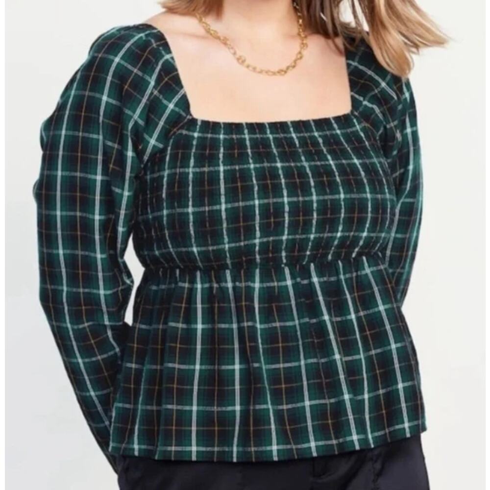 Old Navy Plaid Smocked Peplum Top Women XL Long Sleeve Square Neck NEW Cottage‎